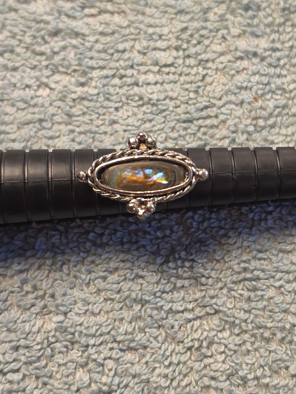 Vintage Antiqued Silver Tone Faux Abalone Marquise Statement Cocktail Ring Boho